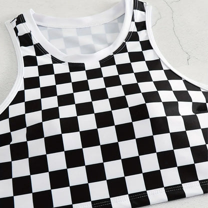 Women's black and white checkerboard print backless racing swimsuit with suspender straps