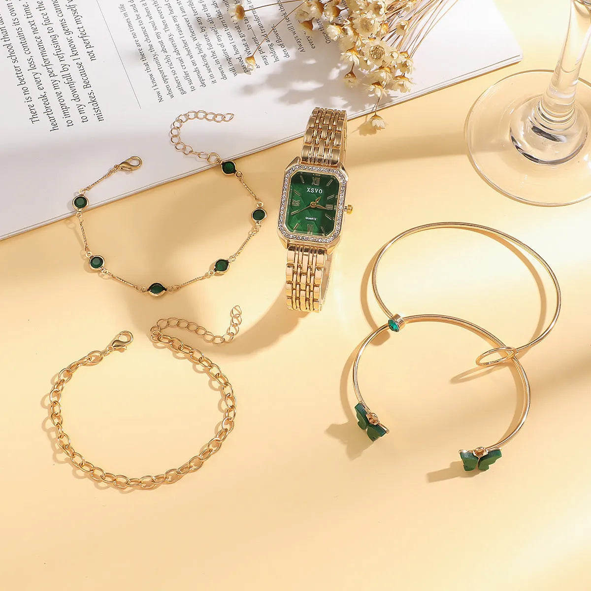 Gold green square women's watch with four matching butterfly bracelets, alloy case, 25mm dial