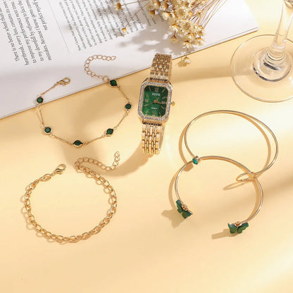 Gold green square women's watch with four matching butterfly bracelets, alloy case, 25mm dial