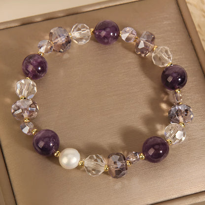 Artificial amethyst crystal bracelet with square amethyst circles and pearl four-leaf clover pendant on U-shaped electroplated band