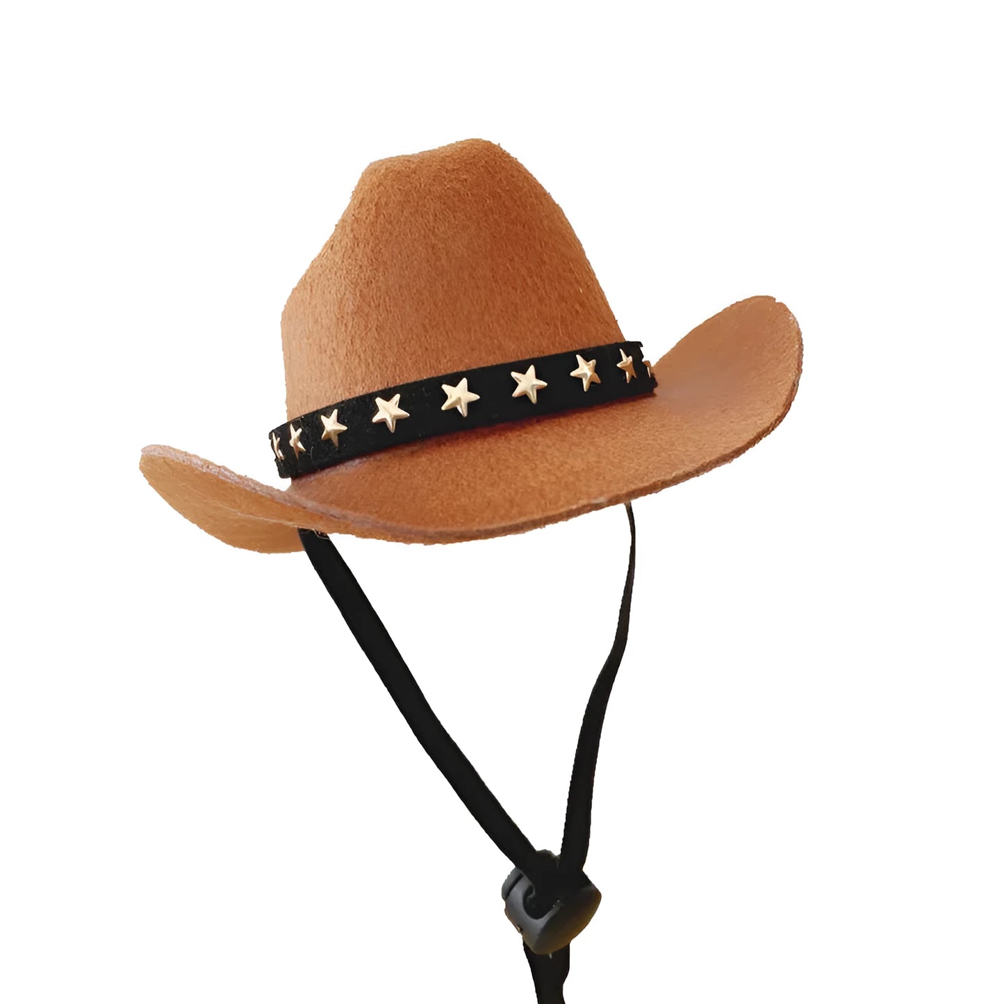 A black pet cowboy hat with a white star on the front, shown with its adjustable elastic strap.