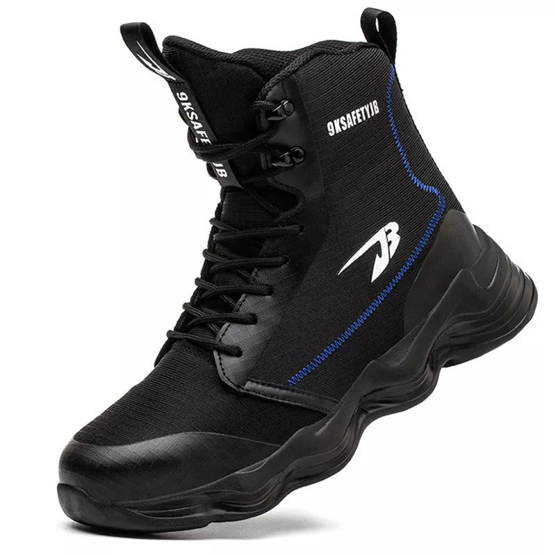 Men's black and green high-top safety shoes with steel toe cap for work protection