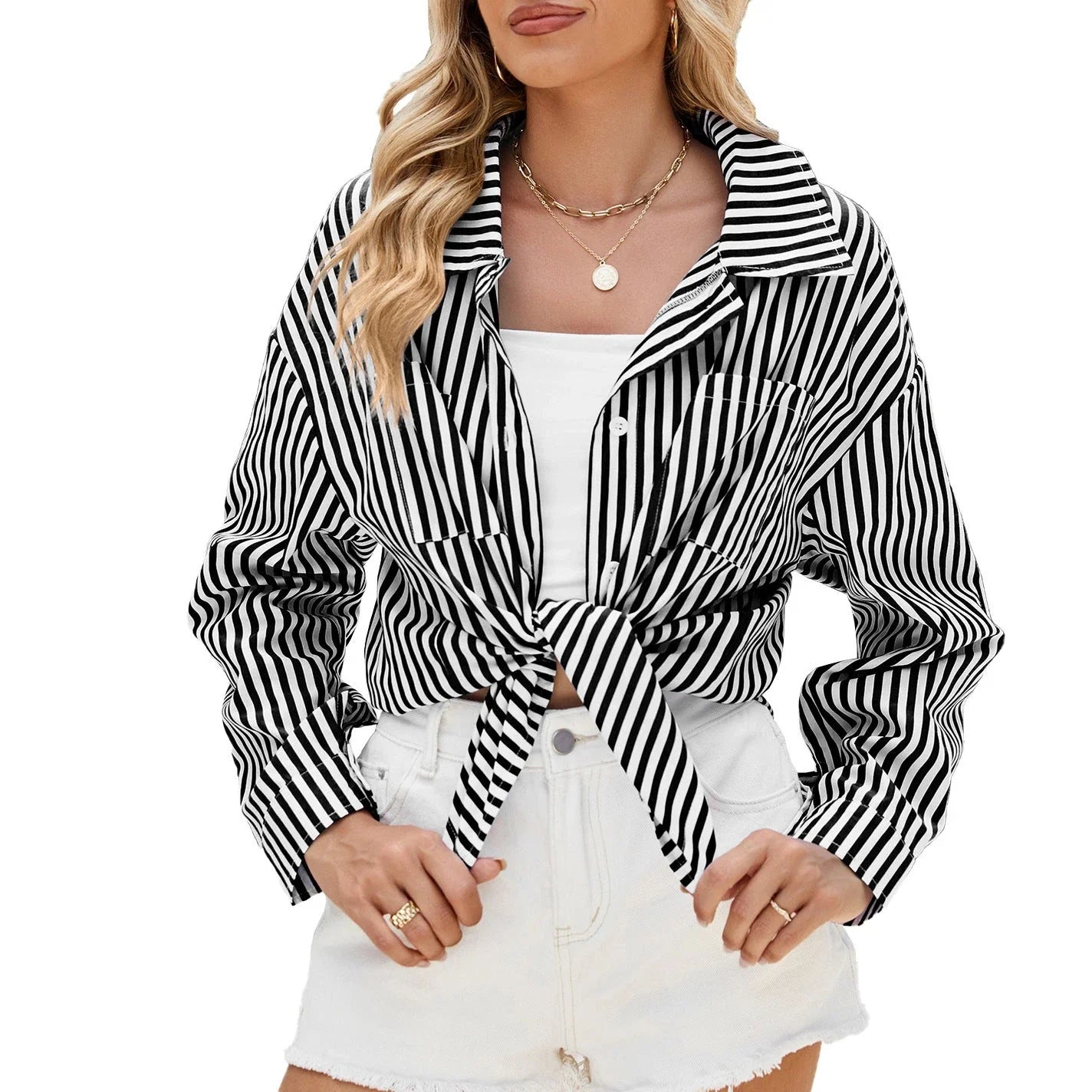 Trendy striped long sleeve blouse with pockets, available in various color options for casual, comfortable, and chic styling