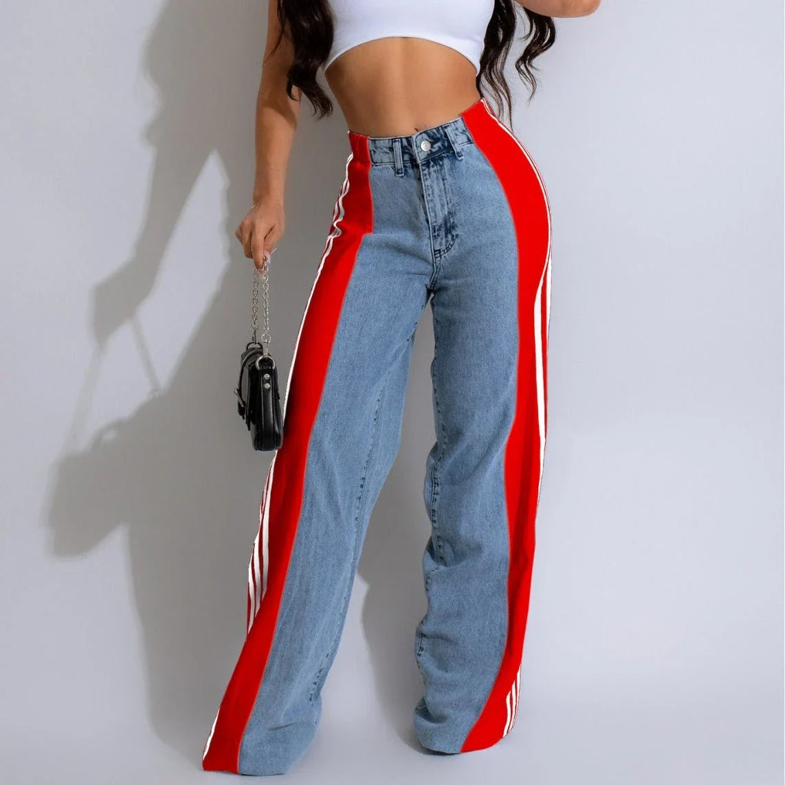 Stylish high-waist denim trousers with patchwork design, available in various color options