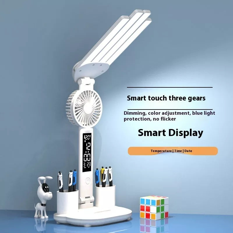 3-in-1 Multifunction LED Desk Lamp with fan, calendar clock, and adjustable lighting