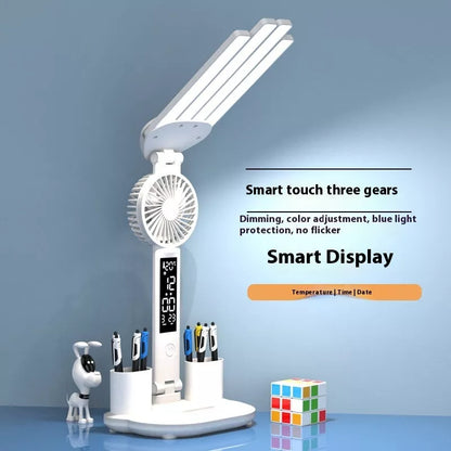 3-in-1 Multifunction LED Desk Lamp with fan, calendar clock, and adjustable lighting