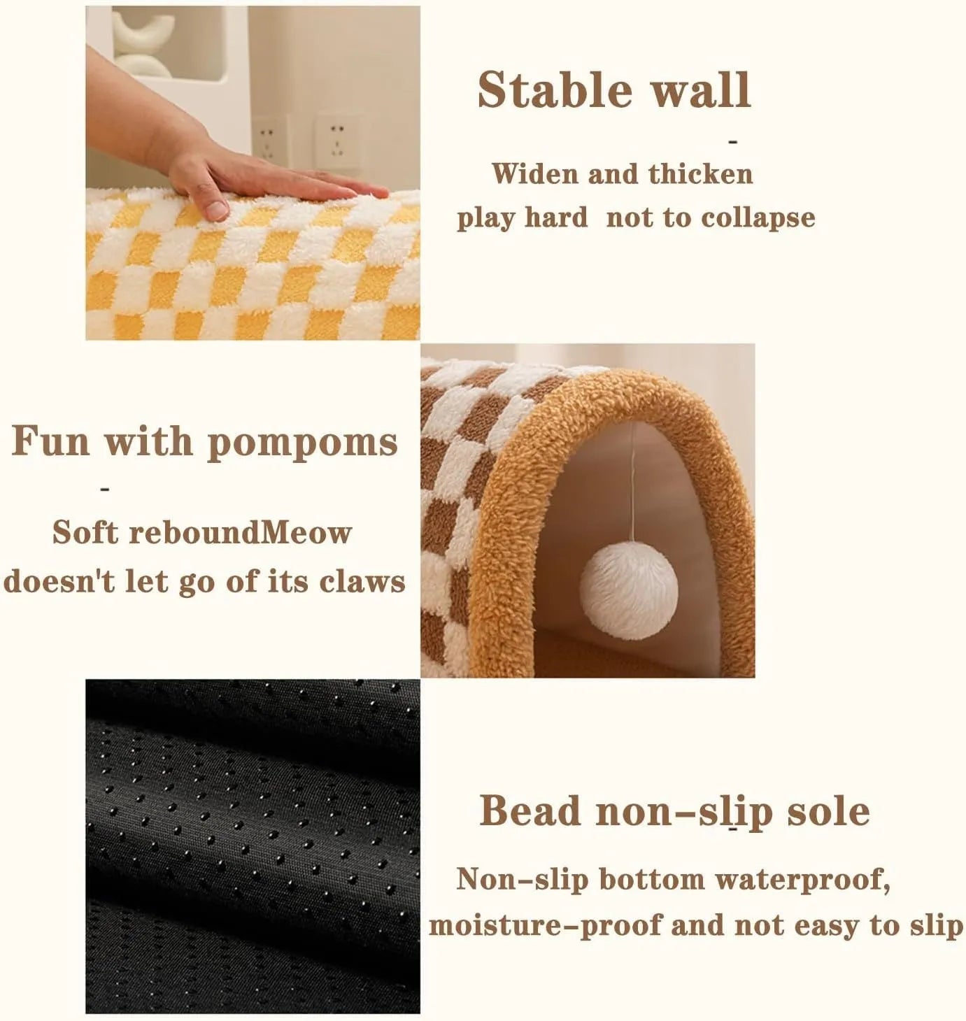 Plush plaid cat tunnel bed with central mat showing brown colour and collapsible tunnel design