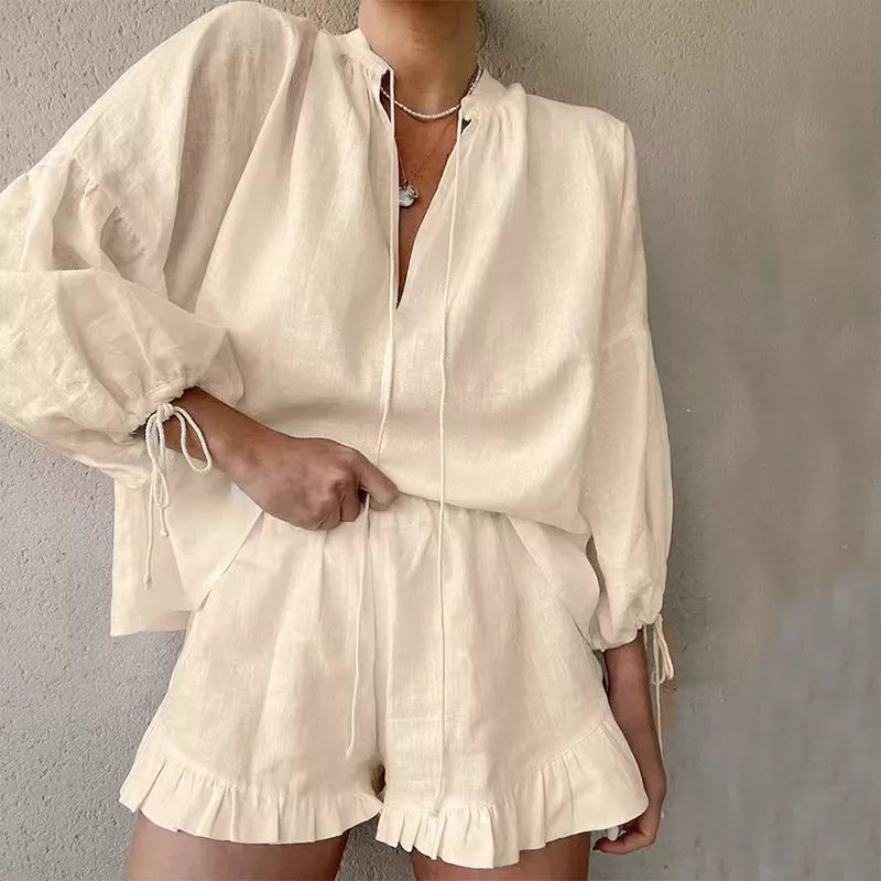 Women's lace-up V-neck lantern sleeve top and ruffled shorts set in cotton