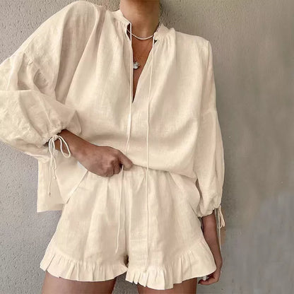 Women's lace-up V-neck lantern sleeve top and ruffled shorts set in cotton
