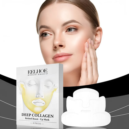 Four collagen tightening facial masks from a pack, showing sheet mask size