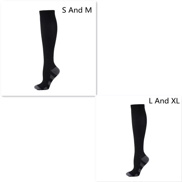 Athletic compression socks with three-bar design in black, pink, and white