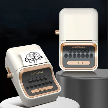 Portable thermal Bluetooth label printer measuring 135x92x60mm with included adhesive label rolls