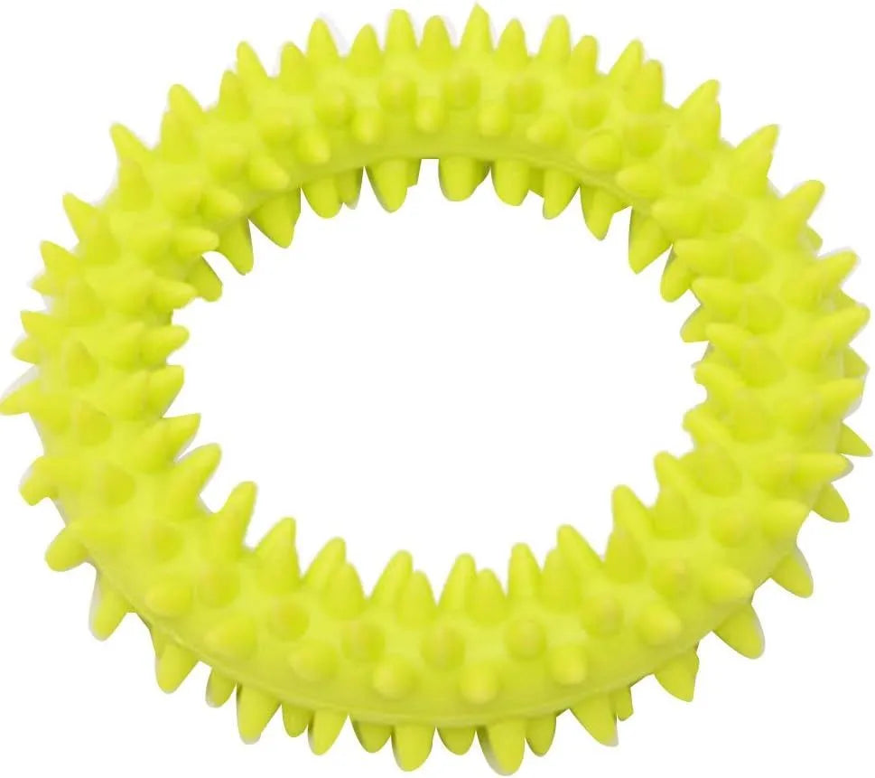 TPR spiky circle ring dog chew toy in assorted colours showing dental cleaning nubs