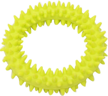 TPR spiky circle ring dog chew toy in assorted colours showing dental cleaning nubs