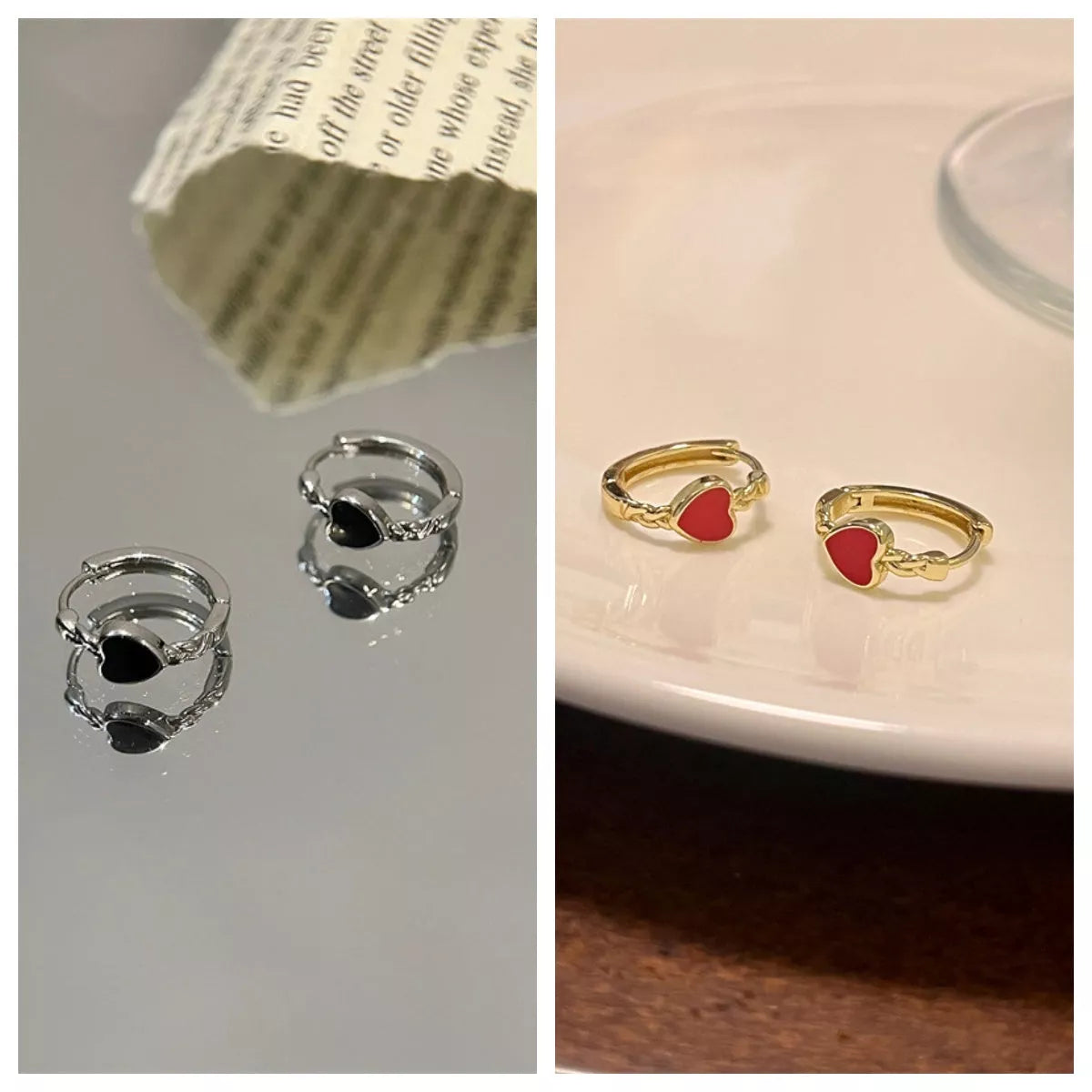 Black and red love heart earrings for women, summer ear clip with geometric design
