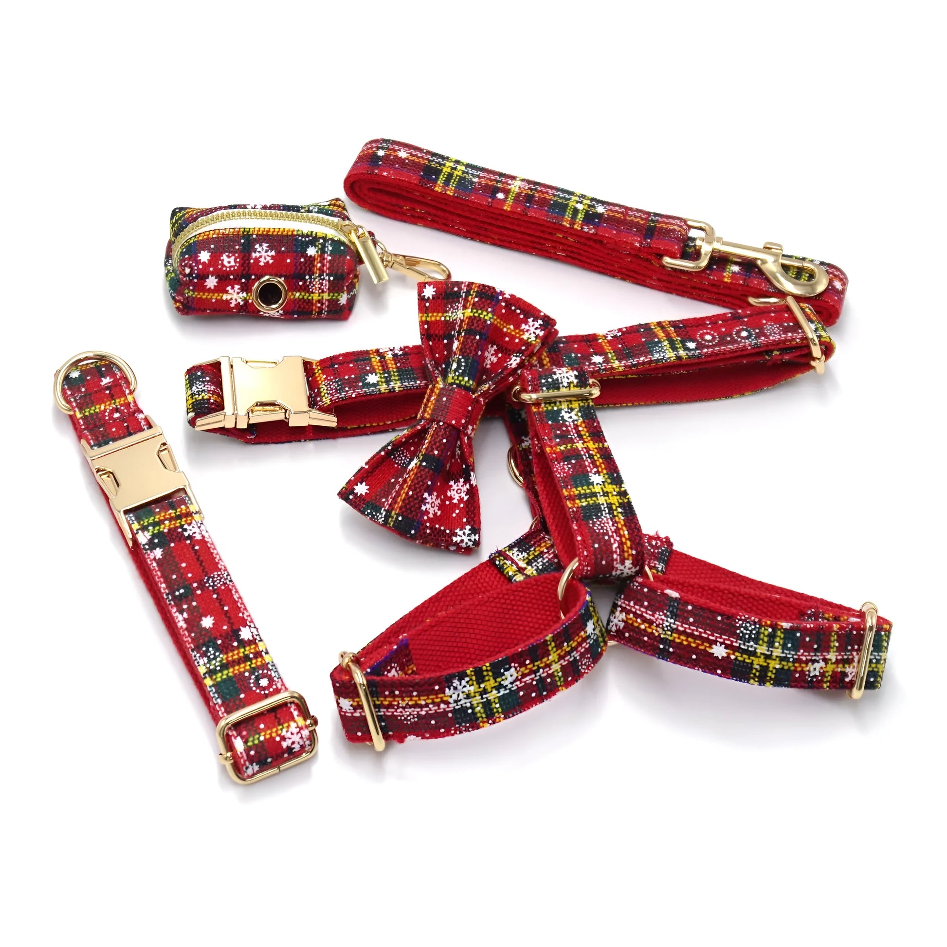 Red Christmas pet accessory set showing collar, traction rope, bowknot, harness and stool bag with laser design