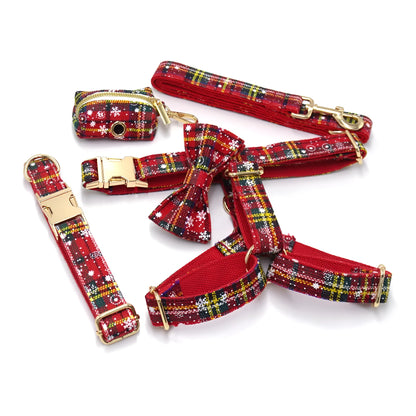 Red Christmas pet accessory set showing collar, traction rope, bowknot, harness and stool bag with laser design