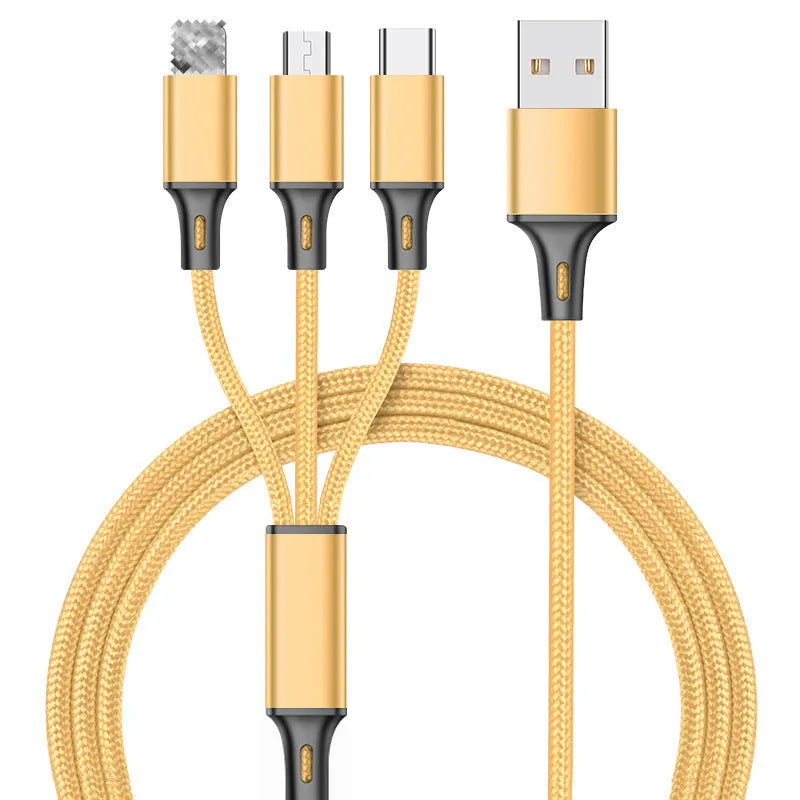 Red 3-in-1 braided charging cable with iPhone, Android and Type-C connectors shown at 1.25 metre length