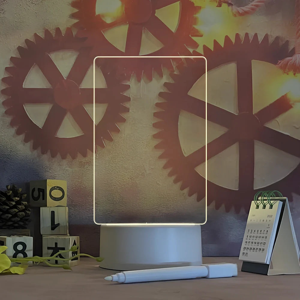 Transparent luminous acrylic note board measuring 100mm x 160mm with erasable surface and included pen