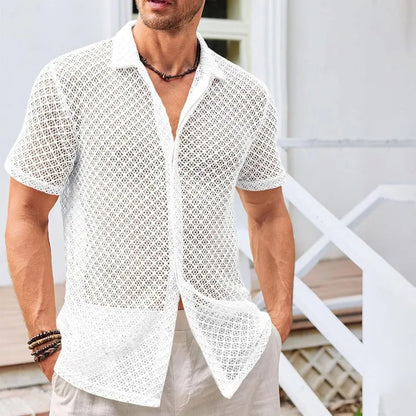 Men's short sleeve lapel shirt in cotton blend fabric shown in black, white and beige colour options