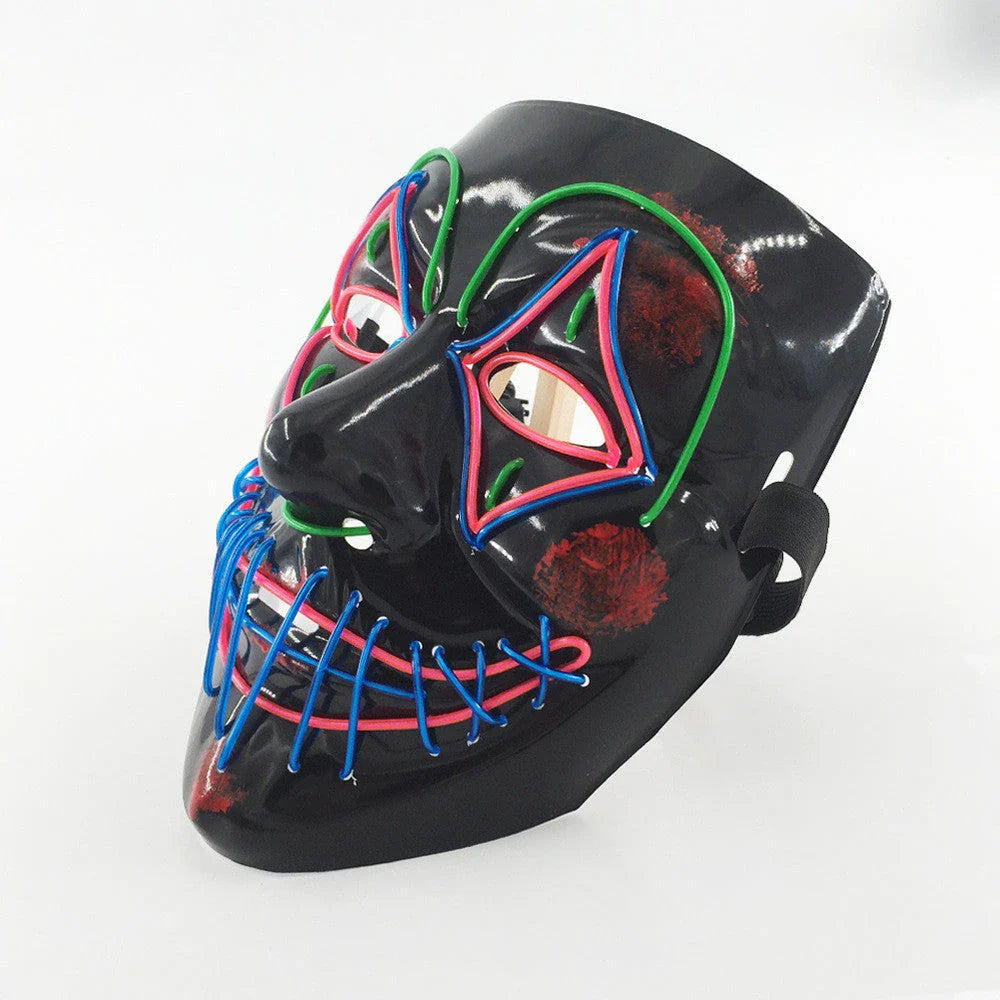 Glow-in-the-dark LED Halloween mask with adjustable straps and bright, mesmerizing illumination