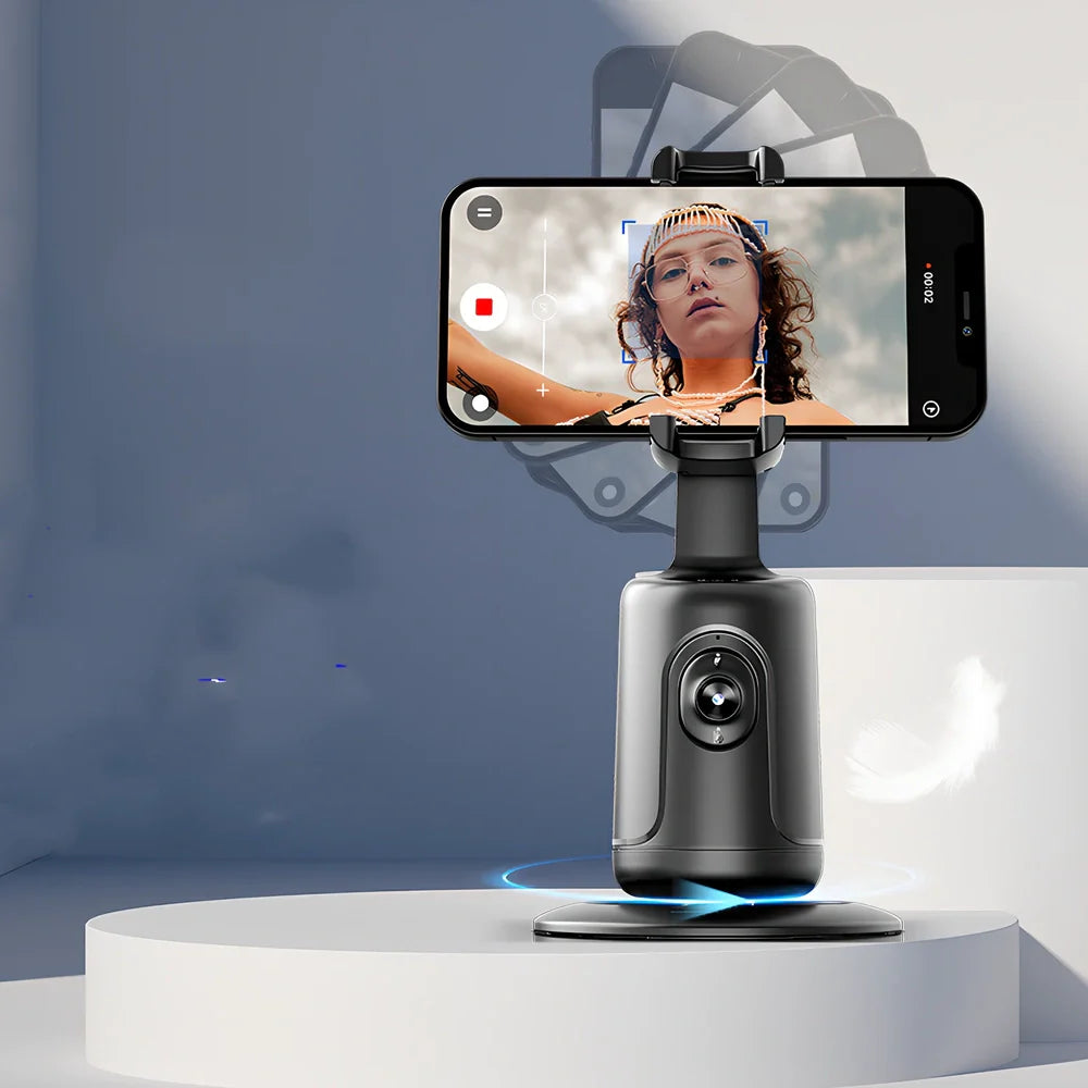 Automatic tracking stabilizer in black with 360 degree rotation on desk, USB connected, 175.2 x 54.8 x 57mm size