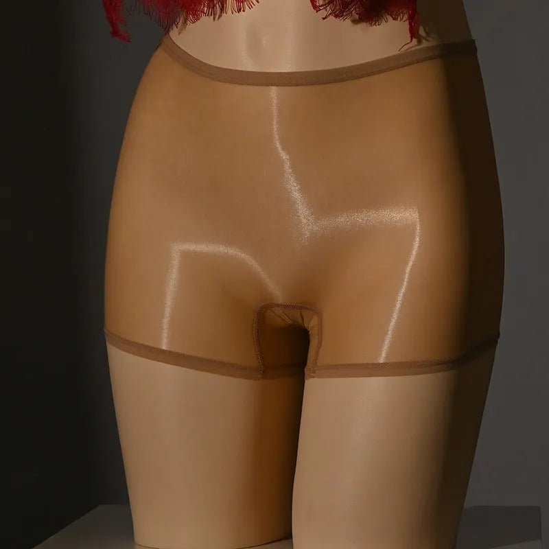 Shiny men's nylon underwear stockings in red, black, grey, white, fair skin, natural skin, and brown colours on a mid waist.