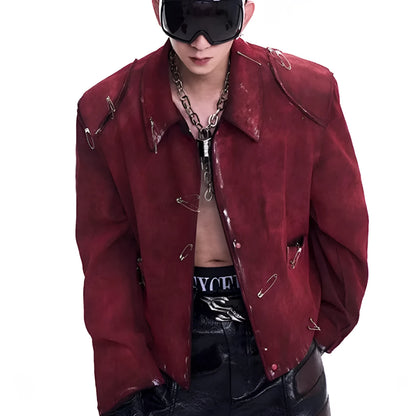 Men's red quilted jacket with decorative pins and flocking details, loose fit with lapel collar