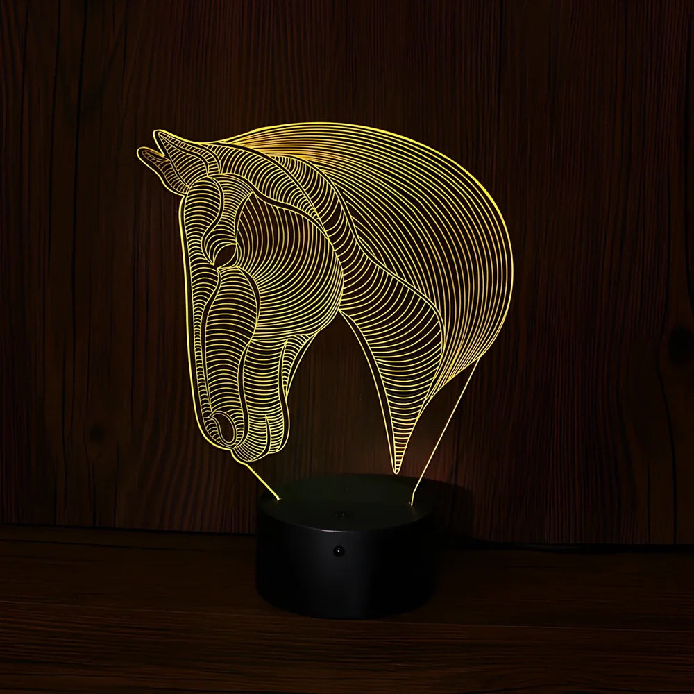 Horse head shaped LED night light with touch control showing multiple colour options