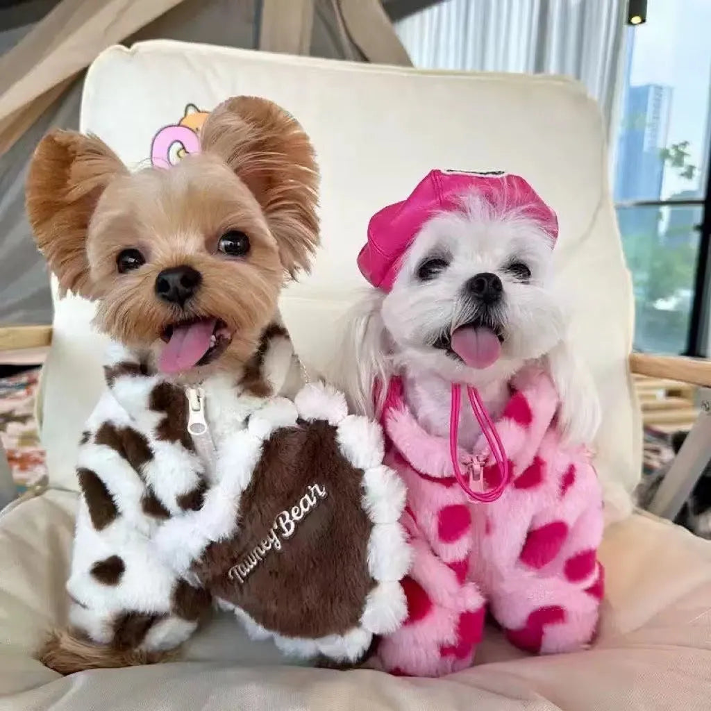 Polyester plush coat for small dogs in British style with fleece lining, shown in pink colour