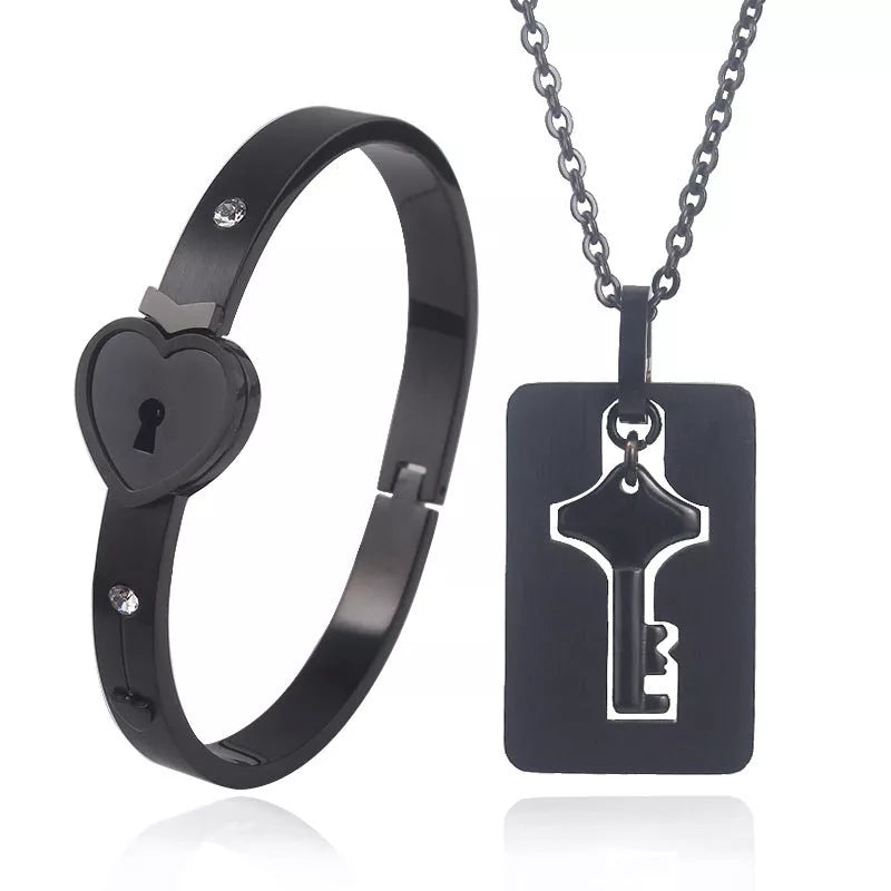 Titanium Steel Couple Love Lock Bracelet and Key Set in various colors
