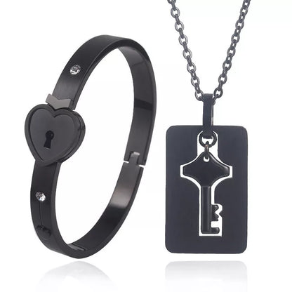 Titanium Steel Couple Love Lock Bracelet and Key Set in various colors