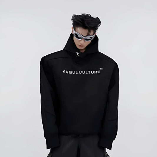 Men's red hooded sweater with heavy shoulder pads and raised metal printing details on front