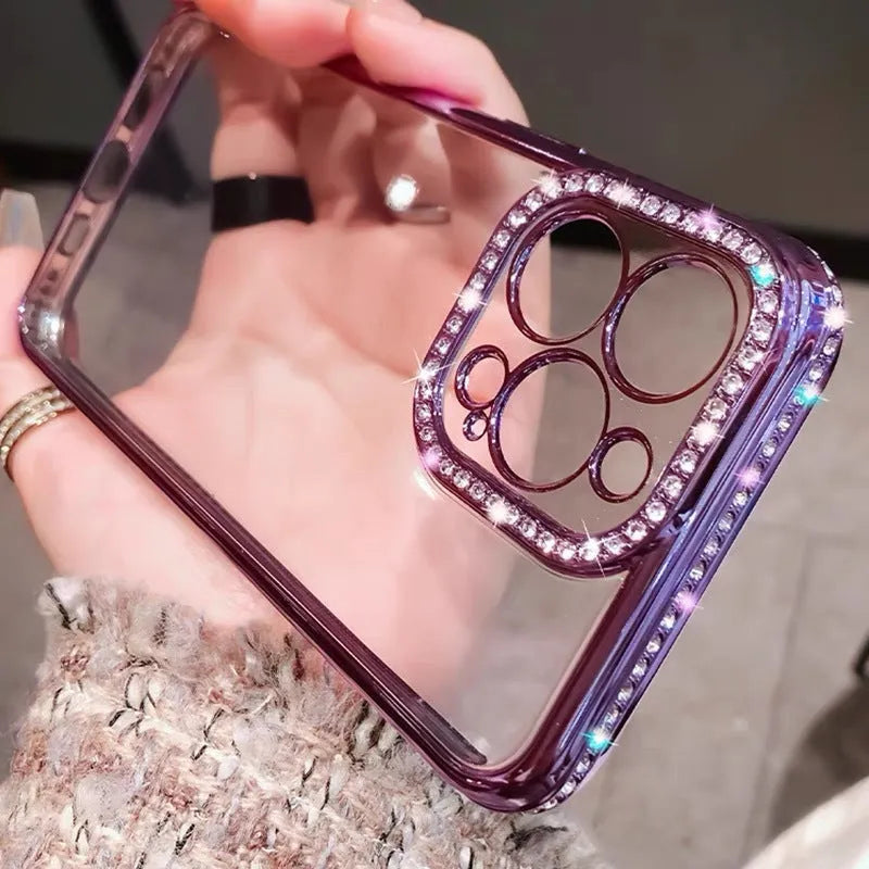 Rhinestone phone case with glass back and TPU silicone bumper for iPhone, in blue, purple, rose gold, or silver.