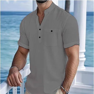 Stand collar linen T-shirt for men in loose pullover style with short sleeves, showing hemp-blended fabric texture
