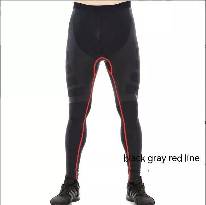 Men's compression training suit in black with red, green, or gray lines for fitness enthusiasts
