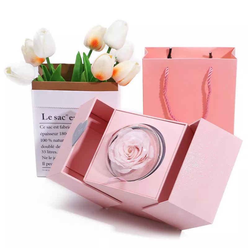 Eternal Rose Soap Flower Jewelry Box in pink and red with jewelry storage compartment