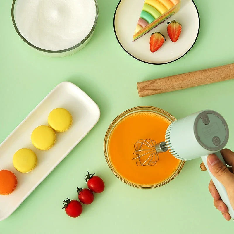 Cordless Electric Hand Mixer with 3-speed settings, rechargeable design, and whisk and egg beater attachments for baking