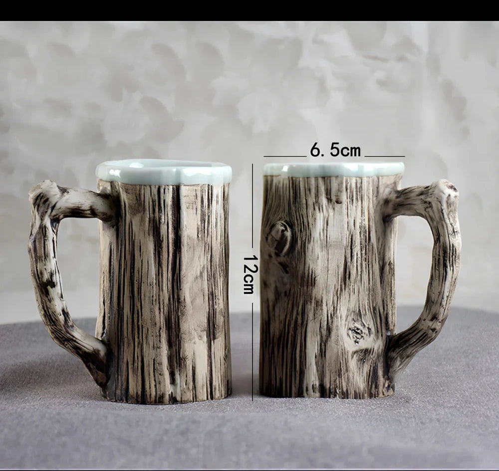 Irregular shaped bark-textured ceramic mug with 300ml capacity for hot drinks