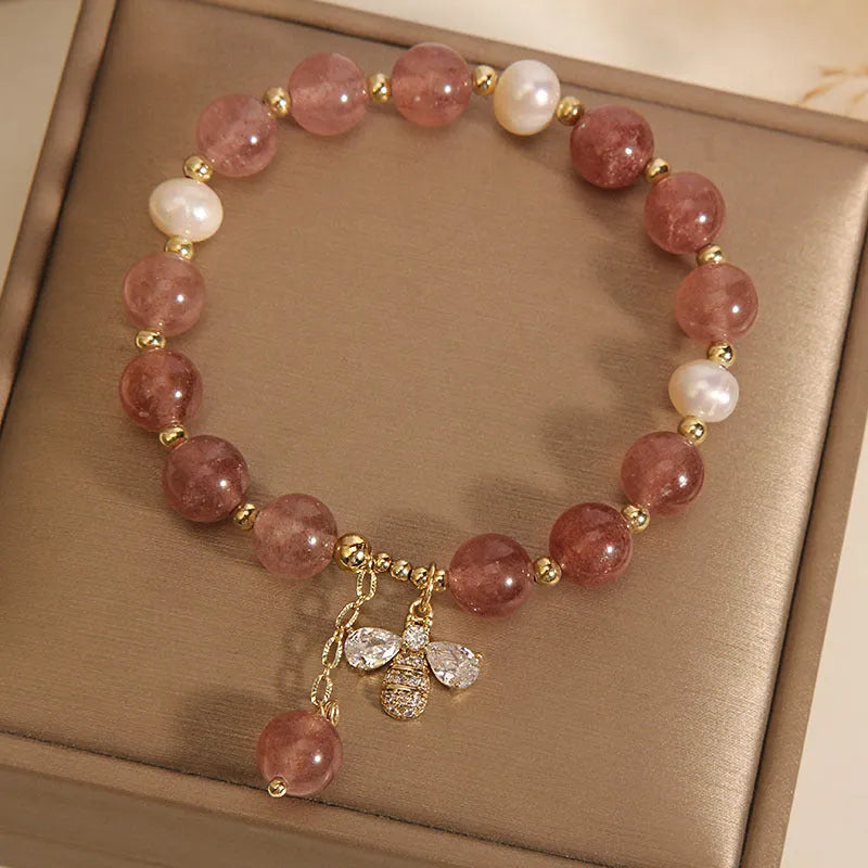 Freshwater pearl and strawberry quartz bracelet with zircon stones and alloy bead accents
