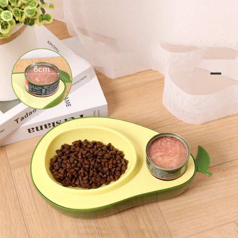 Avocado-shaped automatic pet feeder and water dispenser for dogs and cats, featuring slow-feed bowl, adjustable water flow, and durable construction