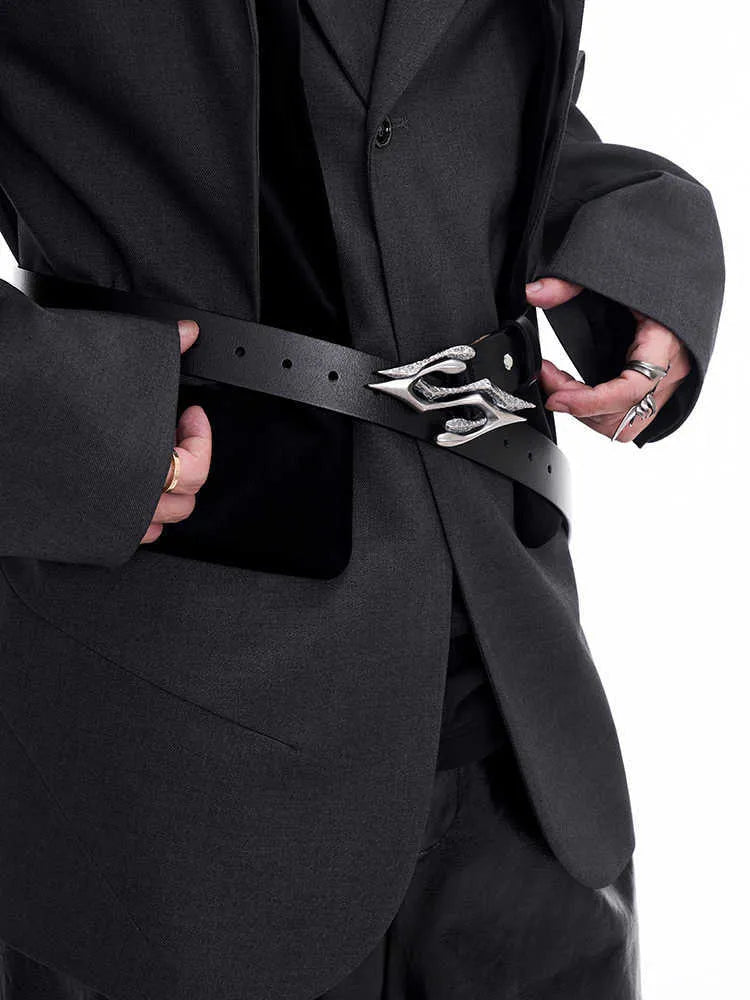 Black men's leather belt with a silver metal letter buckle on a two-layer cowhide strap.