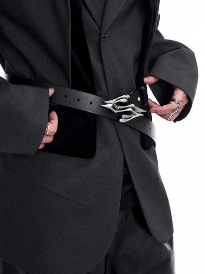 Black men's leather belt with a silver metal letter buckle on a two-layer cowhide strap.