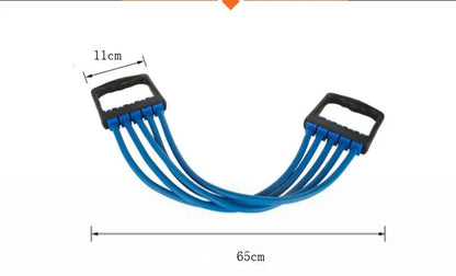 Rubber Rally chest dilator arm muscle trainer with spring resistance, shown in black, blue, green, red, and yellow.