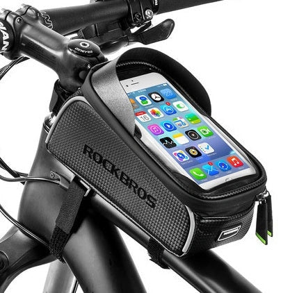 Waterproof front beam bicycle bag with touch screen compatibility for mountain bikes