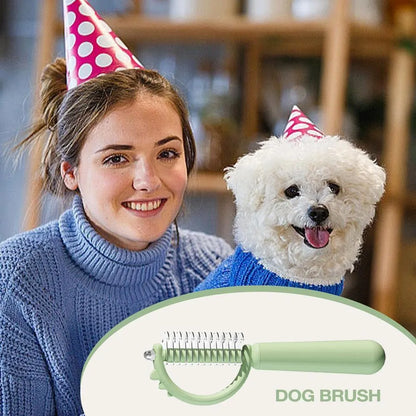 Blue dinosaur-shaped self-cleaning slicker brush for pet grooming on white background