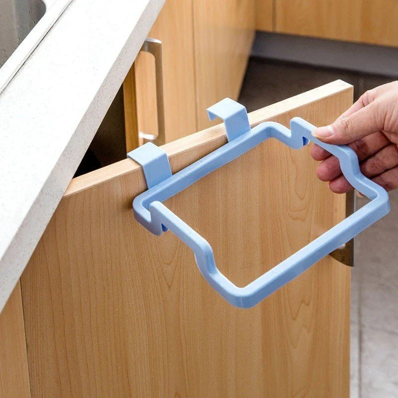 Eco-friendly over-the-door trash bag holder in various colors for organized kitchen storage