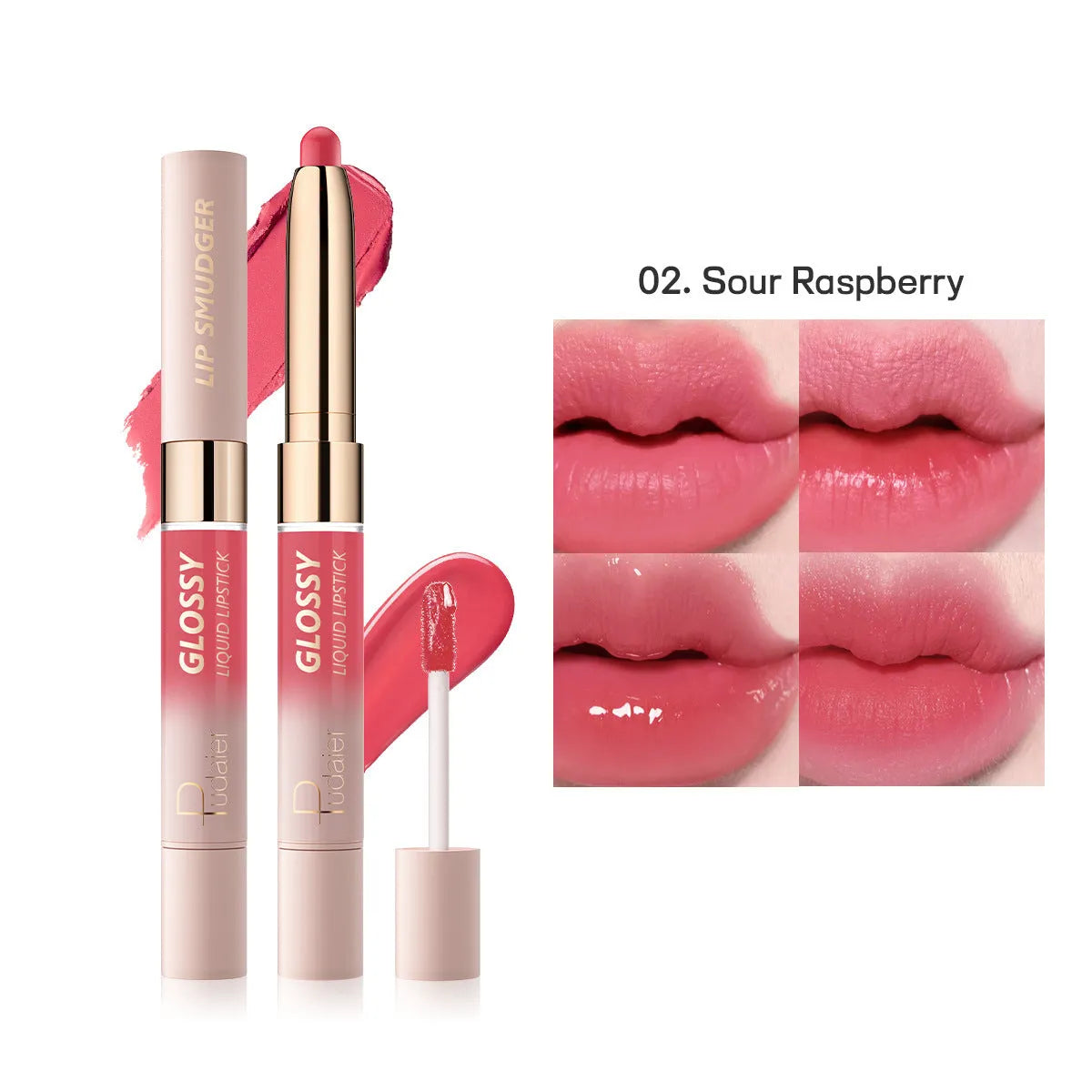 Double-headed lipstick and lip gloss case showing two applicators in 10 colour shades