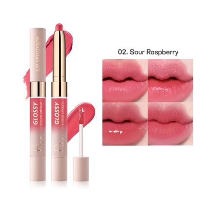 Double-headed lipstick and lip gloss case showing two applicators in 10 colour shades