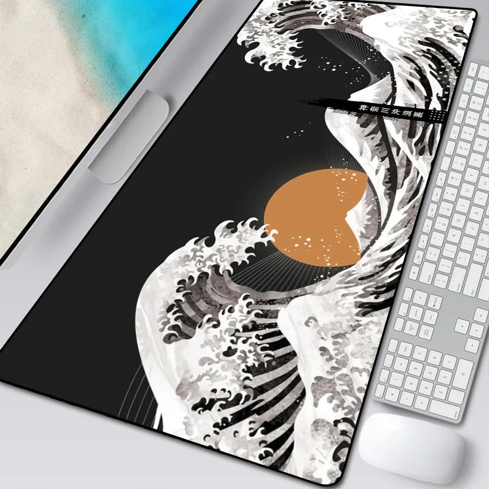 Natural rubber computer mouse pad with printed cloth surface and overlock stitching in multiple size options